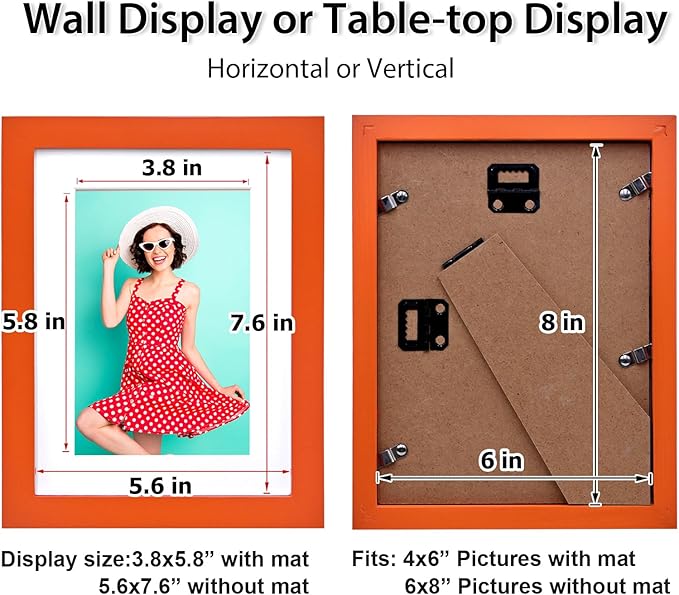 KINLINK 6x8 Picture Frame Orange, Solid Wood Frames with Acrylic Plexiglass for Pictures 4x6 with Mat or 6x8 without Mat, Tabletop and Wall Display Photo Frame, Set of 4
