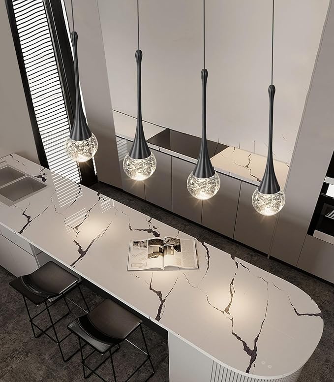4-Lights Modern Pendant Lights for Kitchen Island LED Dimmable Crystal Glam Ceiling Pendant Lighting Chandelier for Dining Room Hallway Bedroom Black