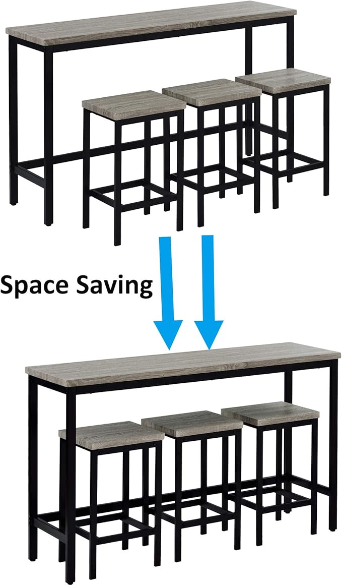 Harper & Bright Designs 4-Piece Dining Table Set, 60.2" L Solid Wood Dining Table with 3 Stools and Metal Frame for Kitchen Dining Room, Antique Grey + Black