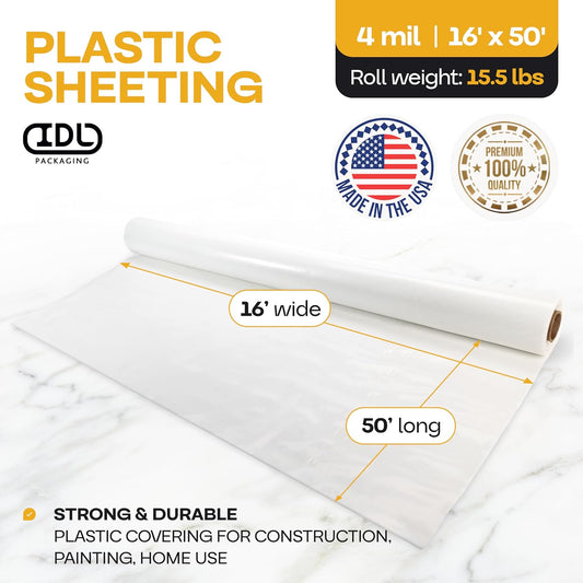 Plastic Sheeting 4 mil, 16' x 50' (800 sq. ft.) - Semi-Clear LDPE Film Roll - Roll of Plastic Sheeting for Painting, Construction, Drop Cloth - Painters Plastic Roll foк Vapor Barrier by IDL Packaging