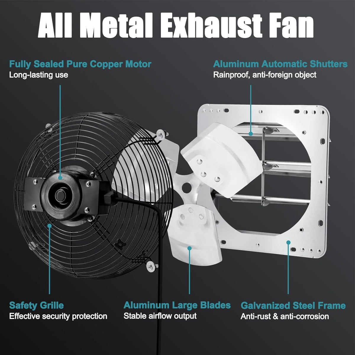 12 Inch Shutter Exhaust Fan for Garage, Greenhouse, Attic, Chicken Coop, Shop, Shed, Basement Ventilation, 970 CFM 1680RPM High Speed Wall Mounted Vent Fan with ON/OFF Switch 1.8M Power Cord Kit