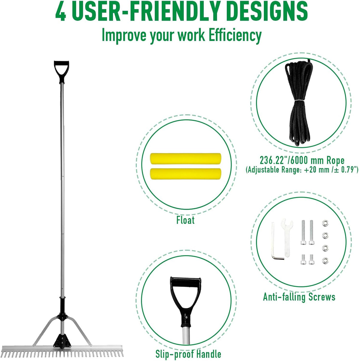 Floating Lake Rake, 36" Head Aluminum Landscape Rake with 103" Adjustable Handle, 20FT Rope & Float, Weed & Algae Removal of Leaves, Floating Scum