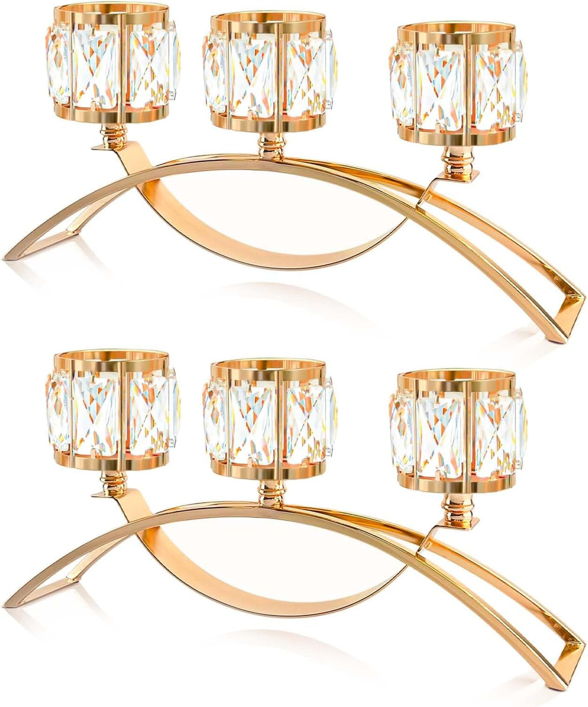 3 Arms Crystal Candle Holders, Arch Candlestick Table Candelabras Centerpieces for Wedding, Dinning Room, Cabinet Ornaments, Home Decoration, Gift (Gold, 2 Pcs-3 Arm Arched)