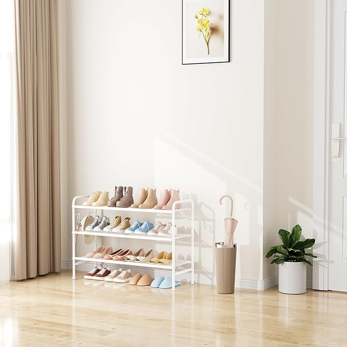 3 Tier Shoe Rack 33" Wide Metal Shoe Organizer Long Shoe Storage with 4 Side Hooks Sturdy Shoes Shelf for Front Door Entrance, Closet, Garage, Dorm, White