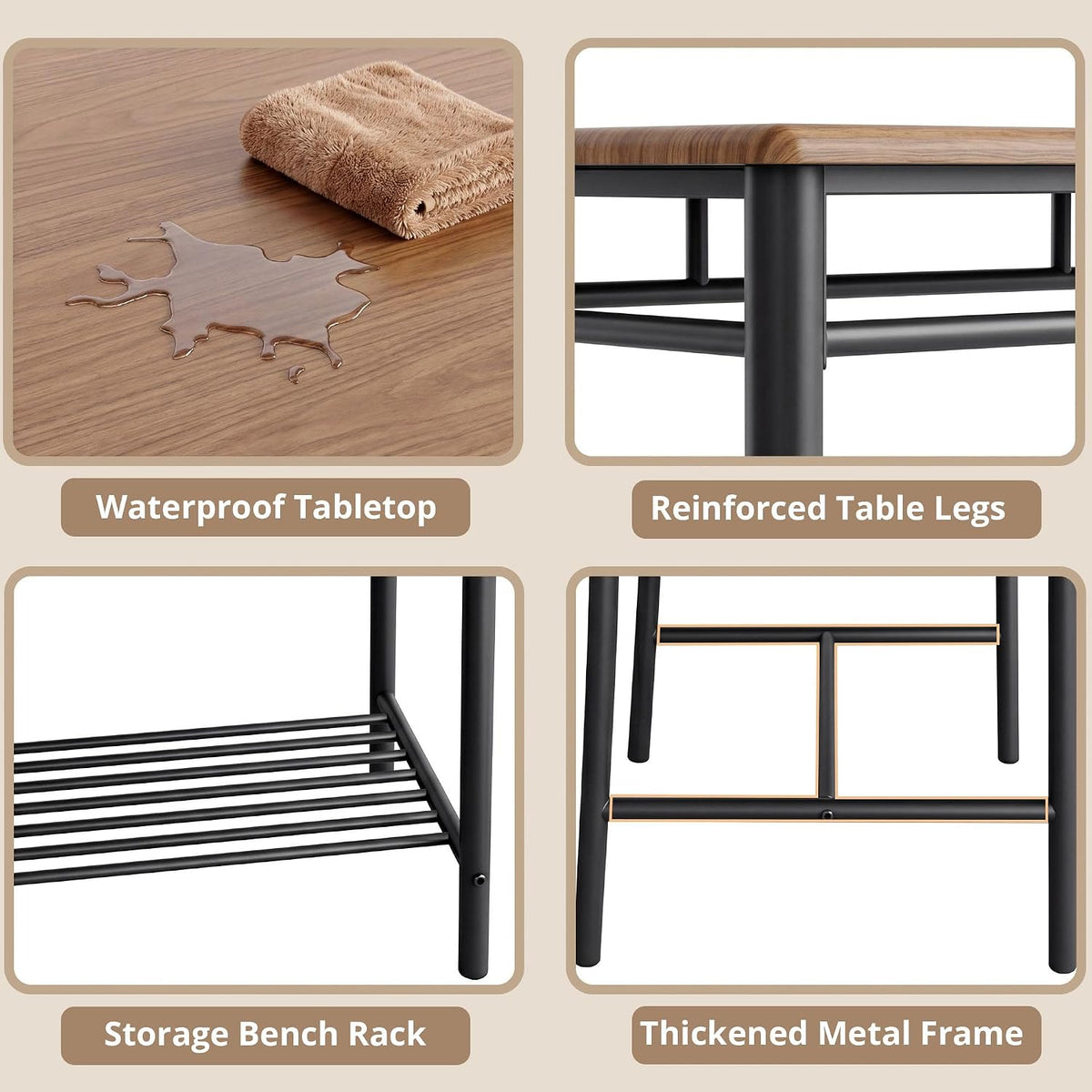 IRONCK Dining Table Set for 4, Kitchen Table with Upholstered Bench and 2 Chairs, Kitchen Table and Chairs Set for Small Space, Apartment, Walnut