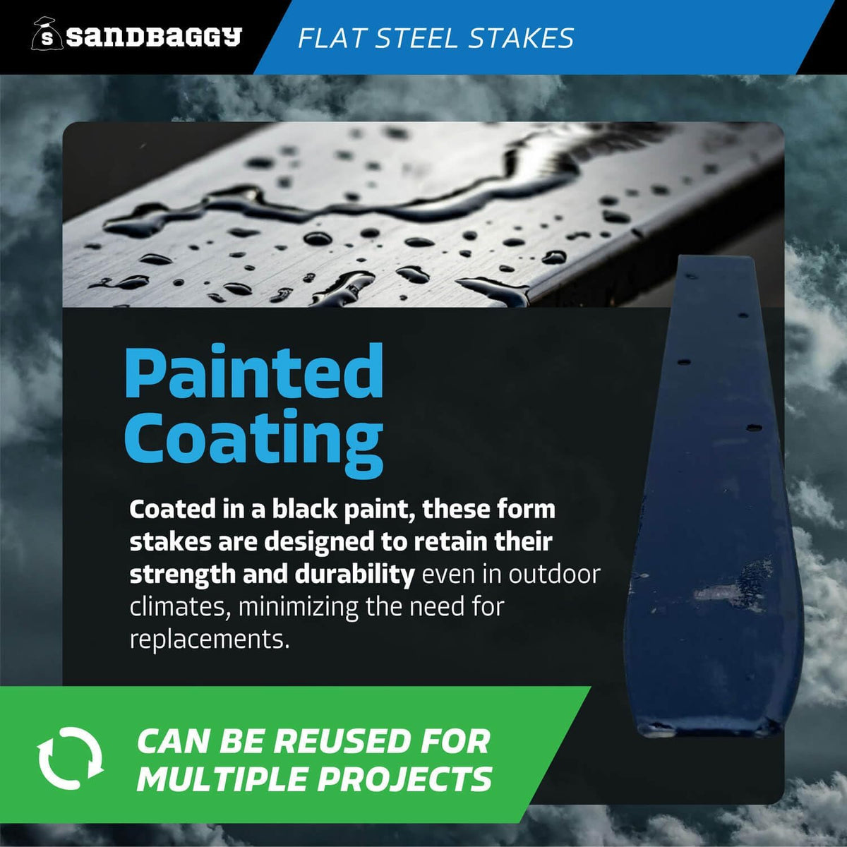 Sandbaggy Flat Steel Stakes for Concrete Forms with Nail Holes - 1.5" Wide - Painted - Removable, Reusable, V Point End - Construction Grade Stakes (60, 18 inch)