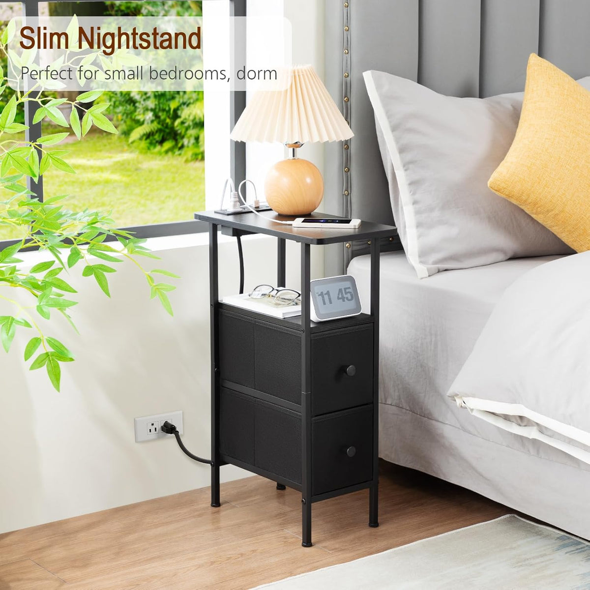LOAKEKEL Narrow End Table Living Room with Charging Station, Skinny Side Table with Fabric Drawers, Slim Nightstand for Bedroom, Small Spaces, Couch, Black, HETNDP02BK-1