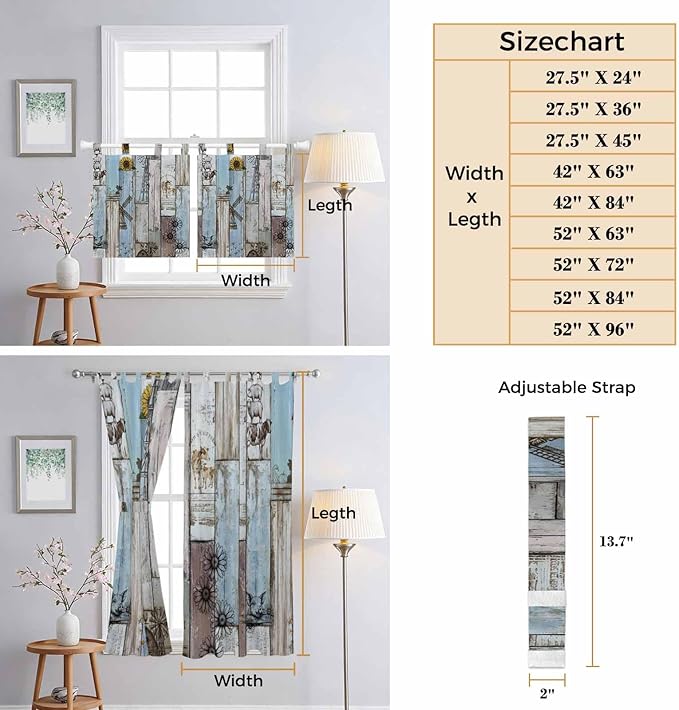 Blue Grey Wooden Living Room Curtains 84 Inch Length, Window Curtains Tab Top, Farmhouse Barn Sunflowers Retro Light Filtering Window Treatments Drapes 42"x84" 2 Panel