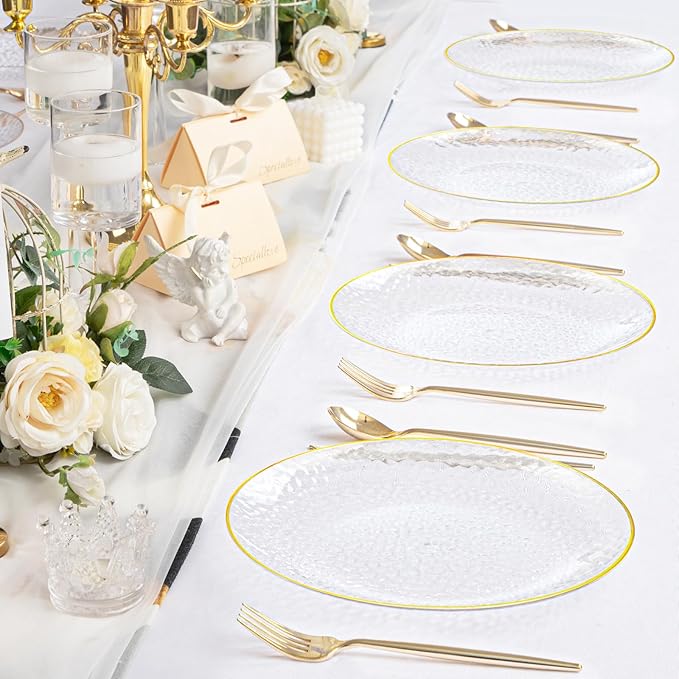 Rubtlamp 100 Pcs Gold Plastic Plates - 10 inch Clear Gold Dinner Plates - Hammer Pattern Design - Fancy Disposable Plate - Heavy Duty Party Plate Ideal for Wedding