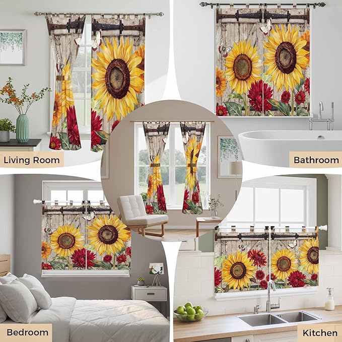 Sunflowers Bedroom Curtains 63 Inch Length, Window Curtains Tab Top, Retro Flower Barn Doors Butterfly Farmhouse Brown Light Filtering Window Treatments Drapes 42"x63" 2 Panel