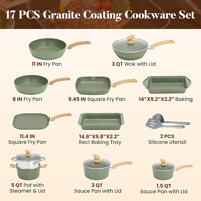 Kitchen Academy 17 Pieces Induction Cookware Set with Griddle, Green Granite Pots and Pans Set Non Stick, Healthy Nonstick Cooking Pans Set