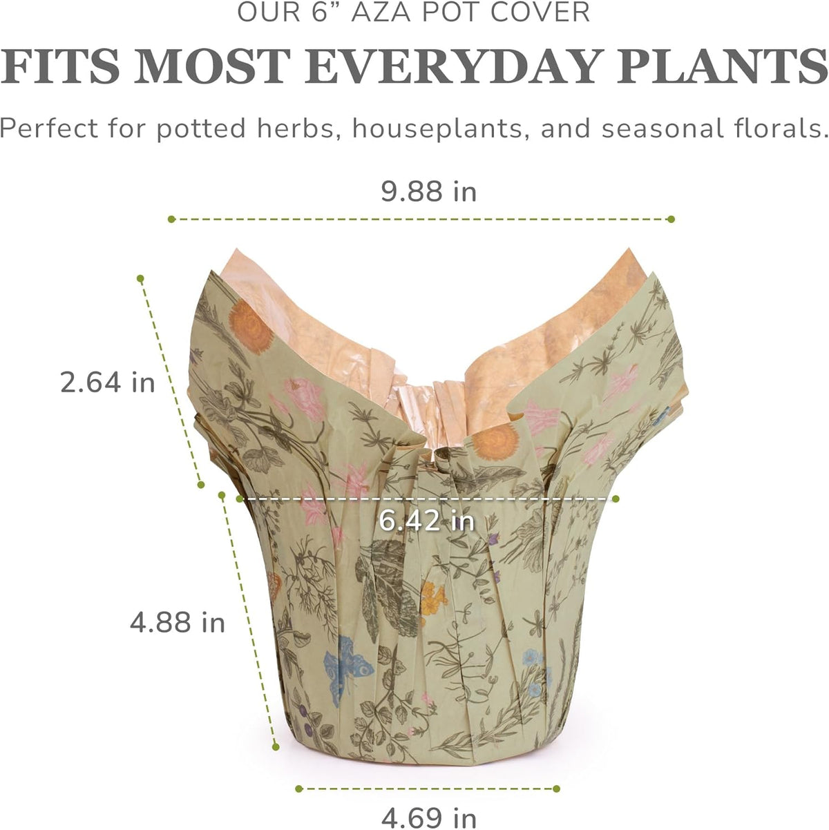 Premium 6” AZA Plant Pot Covers, Decorative Plant Sleeve for Indoor & Outdoor House Plants, Reusable and Gift-Ready for Flower Pots, Green-Print, Pack of 5