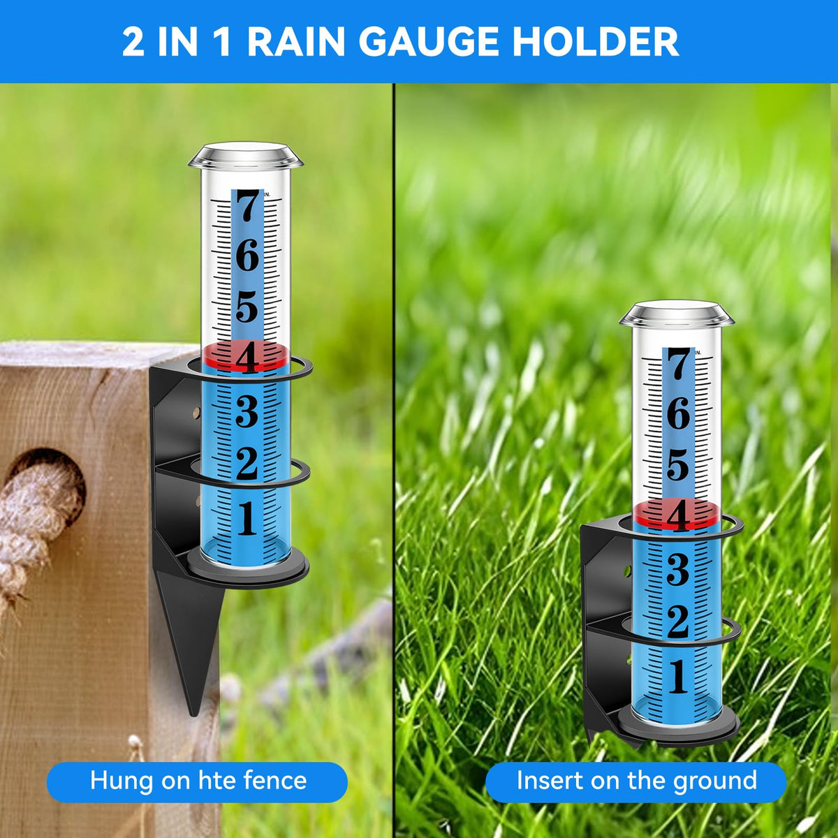 WondMall Rain Gauge Outdoor,7" Rain Gauges Outdoors Best Rated with Metal Rack Holder, Rain Measure Gauge, Easy to Read with Red Float, Large Font Plastic Replacement Tube for Yard Garden