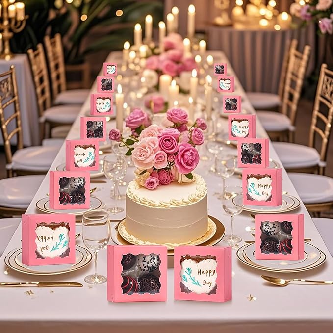 RomanticBaking 3 ¼" x 3 ¼" x 1 ½" 50PCS Chocolate Truffle Boxes for 4,Cookies Boxes Soap Boxes Donut Boxes Macaron Boxes Mini Bakery Boxes with Window Brownie Box