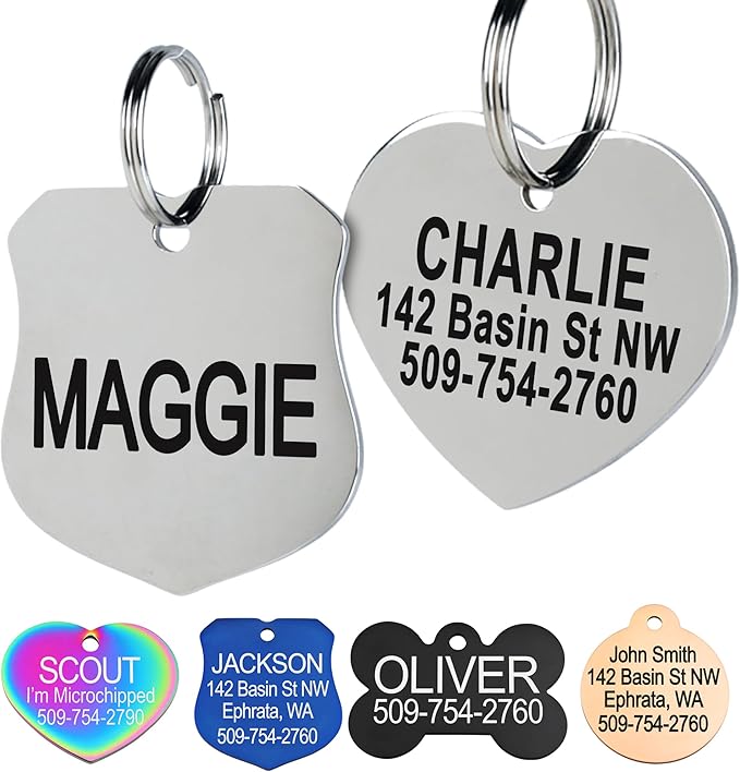 GoTags Stainless Steel Pet ID Tags, Personalized Dog Tags and Cat Tags, up to 8 Lines of Custom Text, Engraved on Both Sides, in Bone, Round, Heart, Bowtie and More (Ranger Badge, Small (Pack of 1))