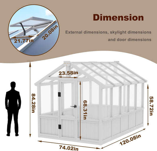 6x10 FT Green House for Outdoor, Thicken Polycarbonate Panel Wooden Walk-in Greenhouse Kit with Lockable Door and Adjustable Roof Vent, Backyard Garden, White