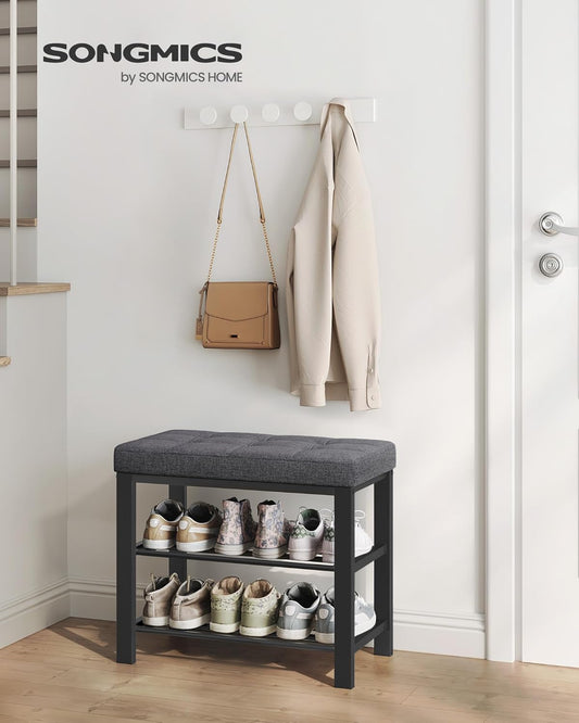 SONGMICS Shoe Bench, Storage Bench, Entryway Bench with Cushion, Shoe Shelf with Seat, Space-Saving, Modern Style, for Living Room, Bedroom, Hallway, Dark Gray and Ink Black ULBS576B33