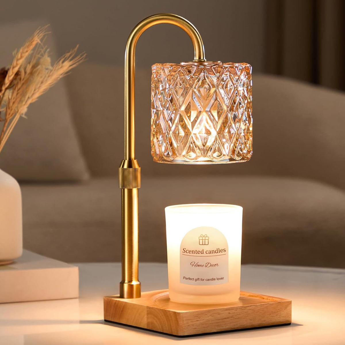 Hong-in Candle Warmer Lamp with Timer -Dimmable Adjustable Height Wax Melt Warmer for Jar Candles,Vintage Home Decor with Elegant Amber Glass,Birthday Gifts for Women, Mom, Friend, Sister