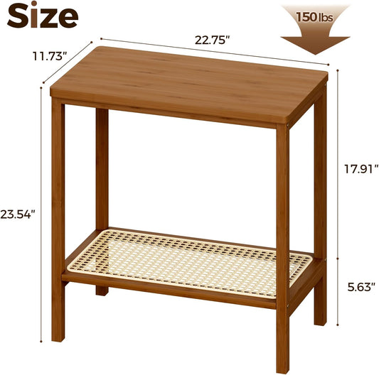 Rattan Side Table Mid Century Modern End Table Living Room 2-Tier End Table with Rattan Storage Shelves for Small Space Night Stand Narrow Coffee Table Boho Bamboo Small Bedside Table