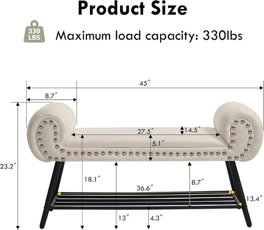 45" Entryway Bench with Shoe Storage,Modern Bedroom Velvet Fabric Upholstered with Stable Metal Frame and Solid Shelf for Bedroom, Living Room,Foyer, 330LB, Cream