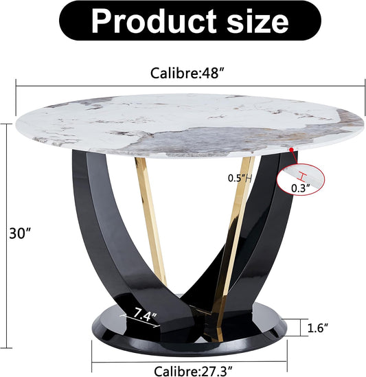 48 Inch Round Dining Table for 4-6, Modern Circle Dining Table with Black & Gold Metal Pedestal Base, Faux Marble Round Kitchen Table, 300 LBS Capacity