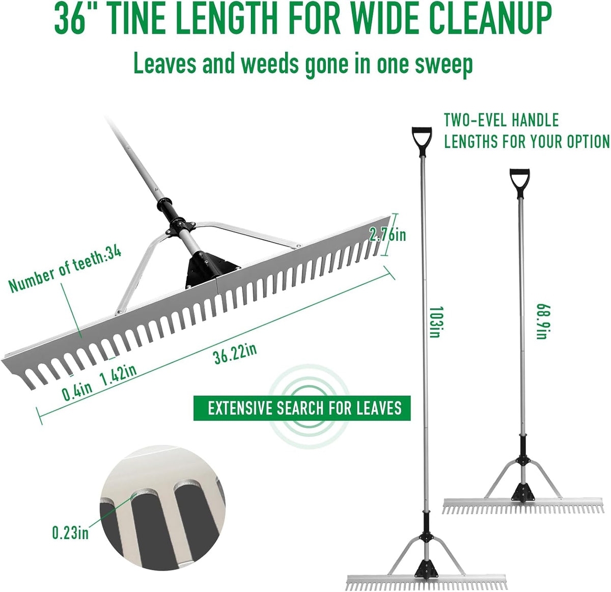 Floating Lake Rake, 36" Head Aluminum Landscape Rake with 103" Adjustable Handle, 20FT Rope & Float, Weed & Algae Removal of Leaves, Floating Scum