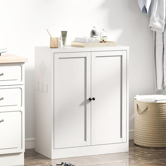 White Steel Pantry Cabinet with 2 Adjustable Shelves, Metal Storage Cabinets for Kitchen, Living Room, Bathroom, Heavy Duty Freestanding Utility Cabinet, Assembly Require
