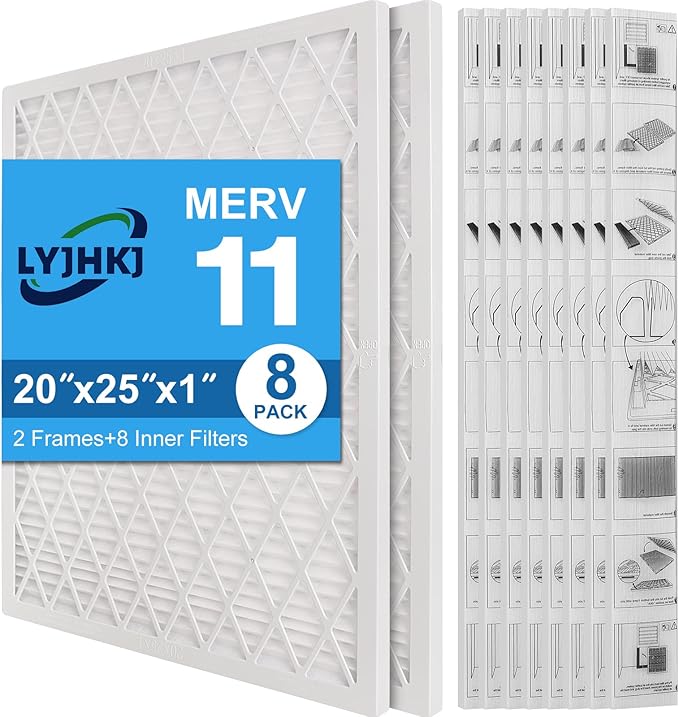 20x25x1 MERV 11 Air Filter, Quality AC/HVAC Furnace Filter,2 Reusable ABS Frame + 8 Pack Replaceable Filter Media,Breathe Fresher and Cost-effective