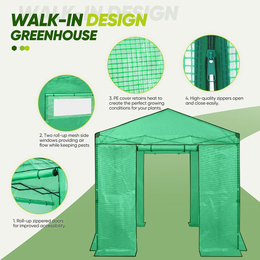EAGLE PEAK Instant Pop-up Greenhouse, Indoor Outdoor Plant Gardening Green House, Roll-Up Zipper Doors and Side Windows, Walk in 8x8 ft, PE Cover, Green/Clear