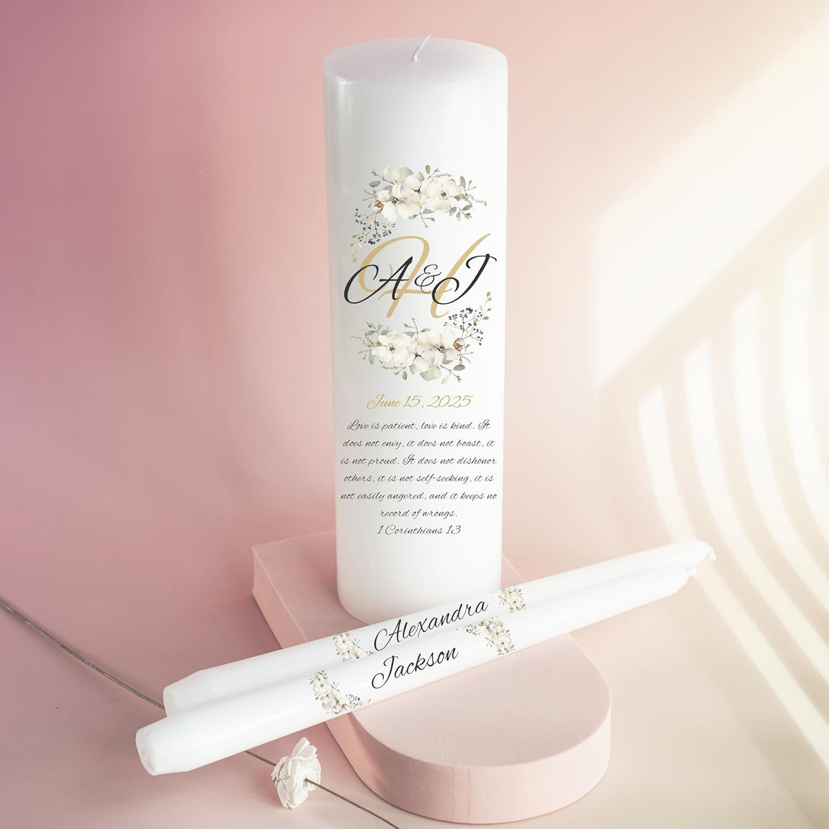 Unity Candles for Wedding, Modern Unity Set, Custom and Personalized Pillar and Taper Candles with Bible Quote, Unscented White Premium Wax, Religious and Wedding Ceremony, Special Events (Camellia)