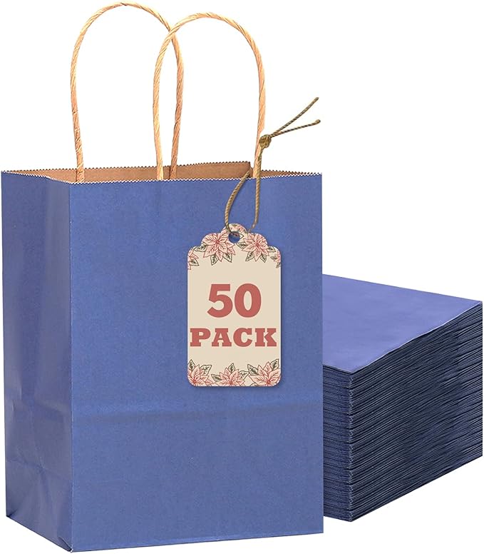 qiqee 50-Packs Gift Bag with Handles Bulk Kraft Deep Blue Paper Bags Multiple Uses (8.3"x3"x6"inch Small Size)