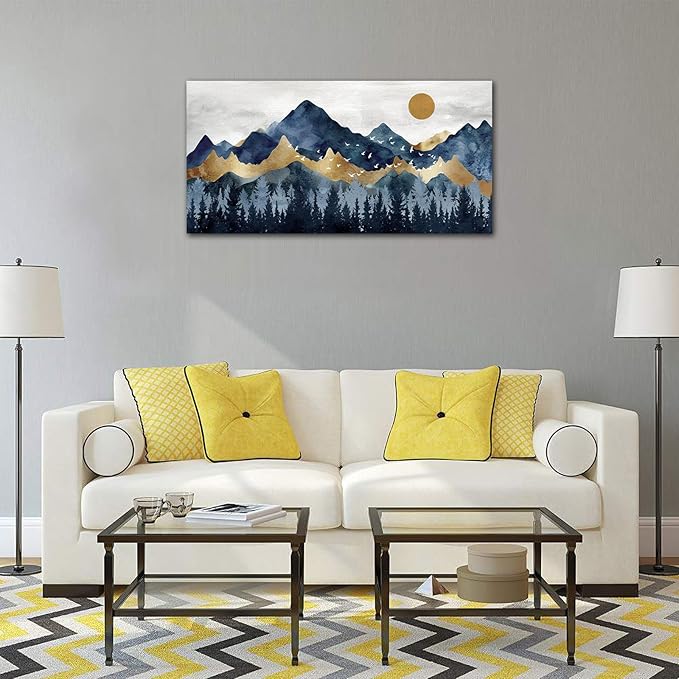 Abstract Nordic Canvas Wall Art - Indigo Blue and Brown Mountain Forest Picture Wall Decor Sun Birds Canvas Painting Nature Landscape Prints Artwork for Living Room Bedroom Decoration 20" x 40"