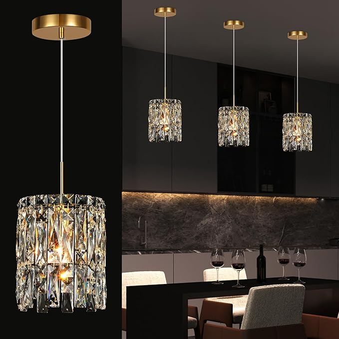 Modern K9 Crystal Pendant Lights Kitchen Island,1 Lighting Gold Chandeliers for Dining Room Light Fixtures Over Table,Hanging Chandelier for Kitchen Island Entryway Bathroom BedHead Light