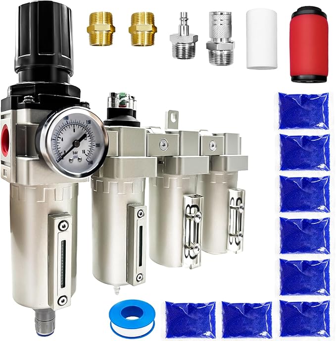 Upgraded 1/2" NPT Heavy Duty Industrial Grade 4 Stage Air Drying System, Particulate Filter, Coalescing Filter, Desiccant Dryer & Air Regulator - for Plasma Cutter, Paint Spray(Auto Drain)