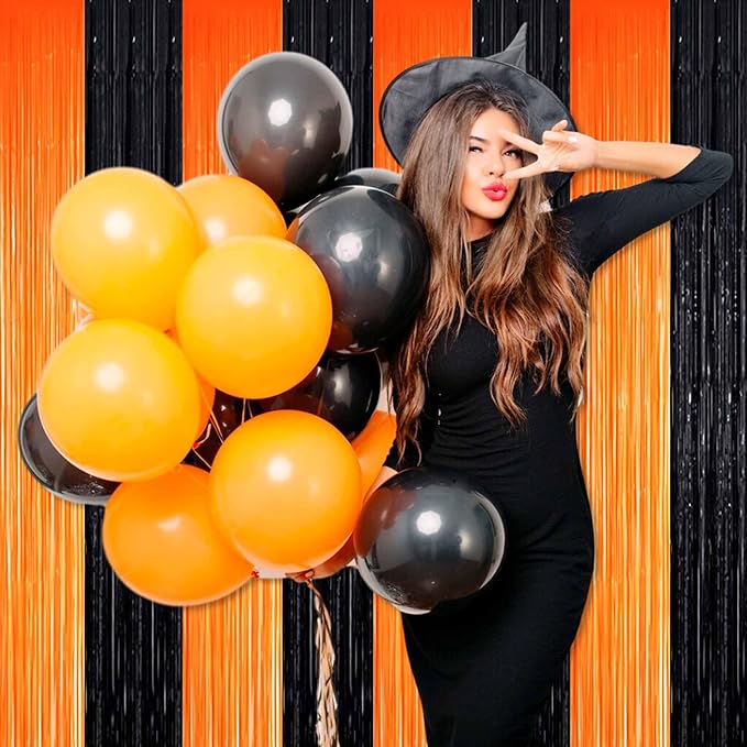 6 Pack Black Orange Foil Fringe Curtains Backdrop, 3.28 x 8.2 Ft Metallic Streamers Tinsel Curtains Background for Photo Booth, Birthday, Weddings, Carnivals, Graduation, Themed Party Decorations