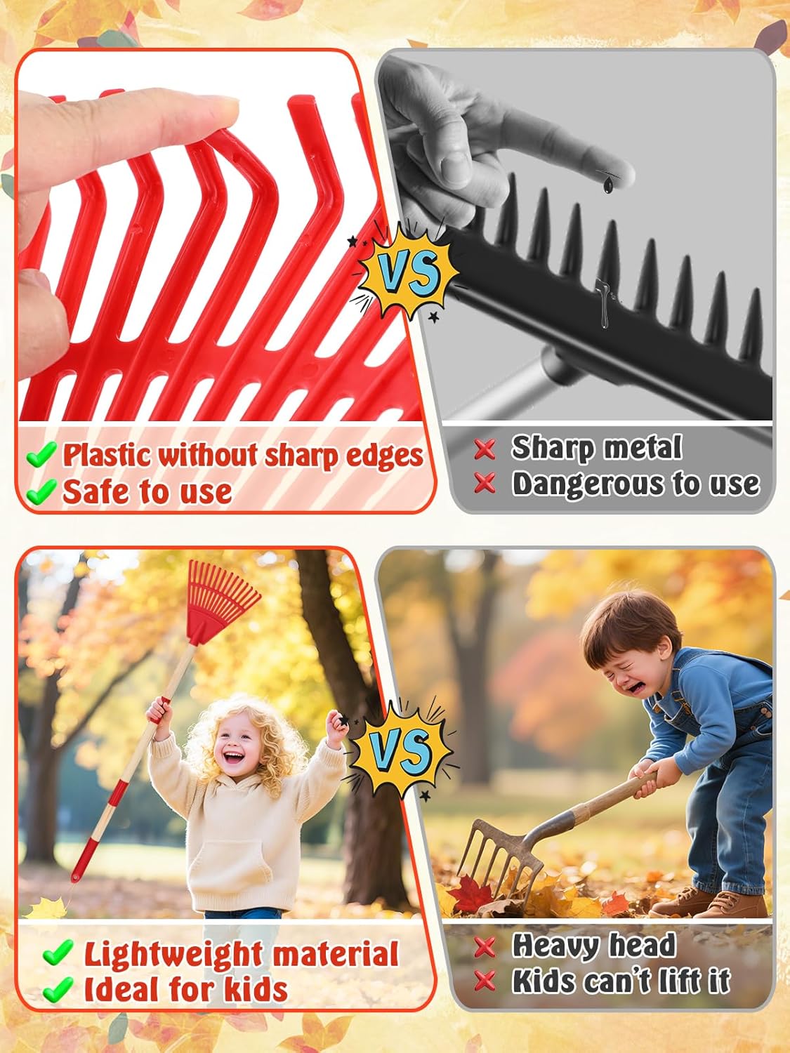 Acostop 2 Pcs Kids Rakes with Wood Handle - 34" Lightweight Plastic Garden Rake for Leaves, Safe to Use Kid Yard Tools for Boys Girls Fall Gardening Gifts (Green)