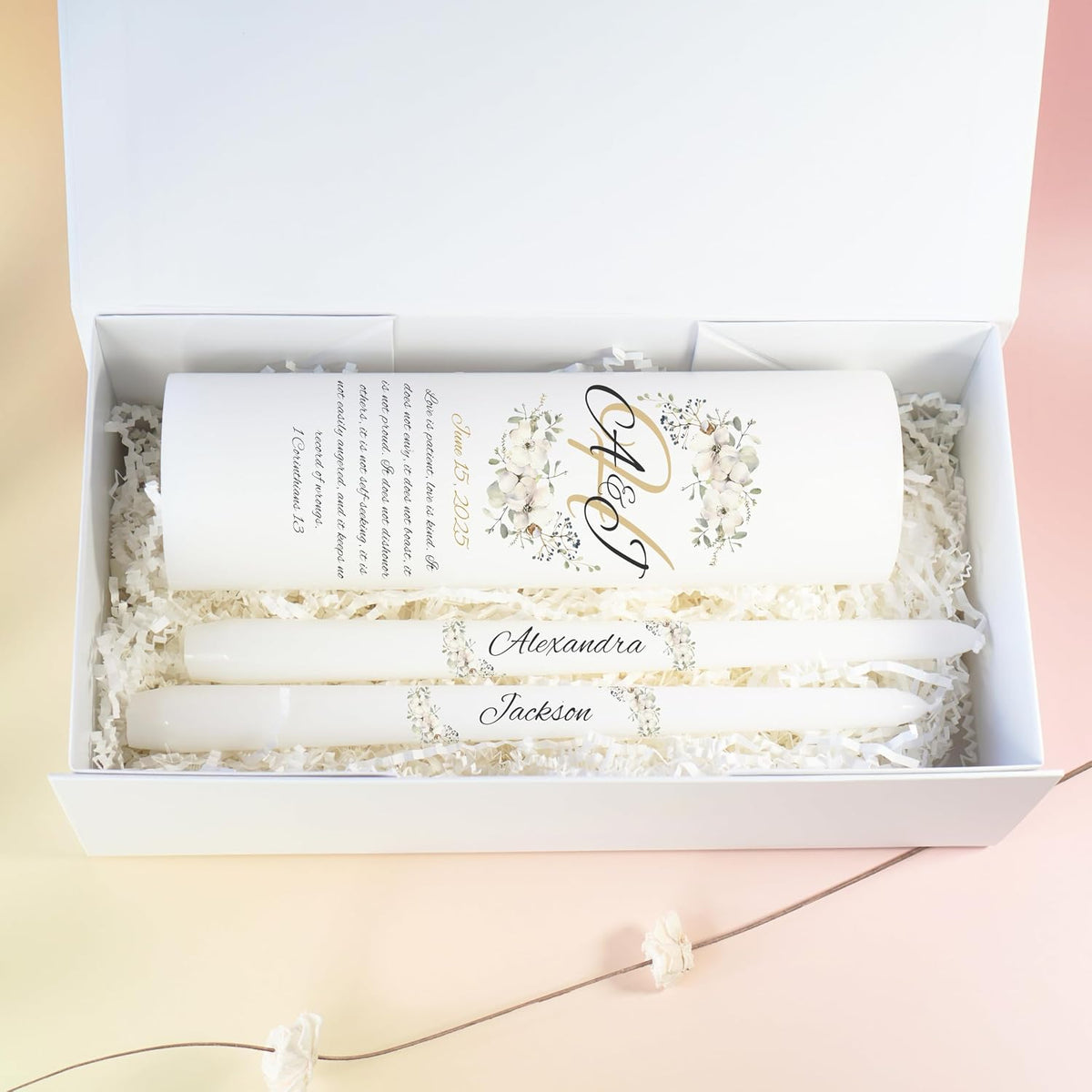 Unity Candles for Wedding, Modern Unity Set, Custom and Personalized Pillar and Taper Candles with Bible Quote, Unscented White Premium Wax, Religious and Wedding Ceremony, Special Events (Camellia)