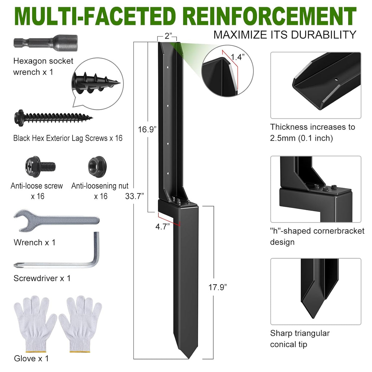 Fence Post Repair Kit,Heavy Duty Steel Fence Post Anchor Ground Spike ,Quick Fix Broken/Leaning Wood Posts with,and Fixed Fence Posts(4-Pack)