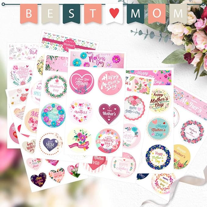 Mothers Day Stickers, Happy Mother's Day Labels Stickers for Mothers Day Card Gifts Present Decoration, Mothers Day Flower Decoration Stickers