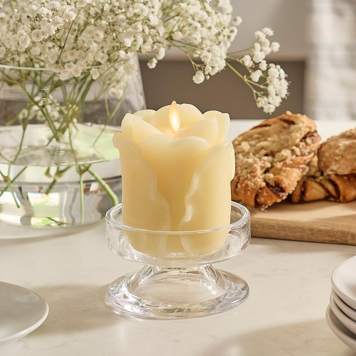 Luminara Lemon Chiffon Rose Flameless Candle - 3.6" x 4.3" Rosebud Pillar - Real Flame Technology w/Flickering LED Light - Perfect for Mother's Day