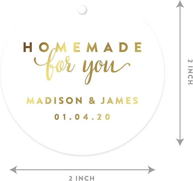 Andaz Press Personalized Round Circle Wedding Gift Tags, Metallic Gold Ink, Homemade for You, 24-Pack, Custom Made Any Name, Gold Party Supplies