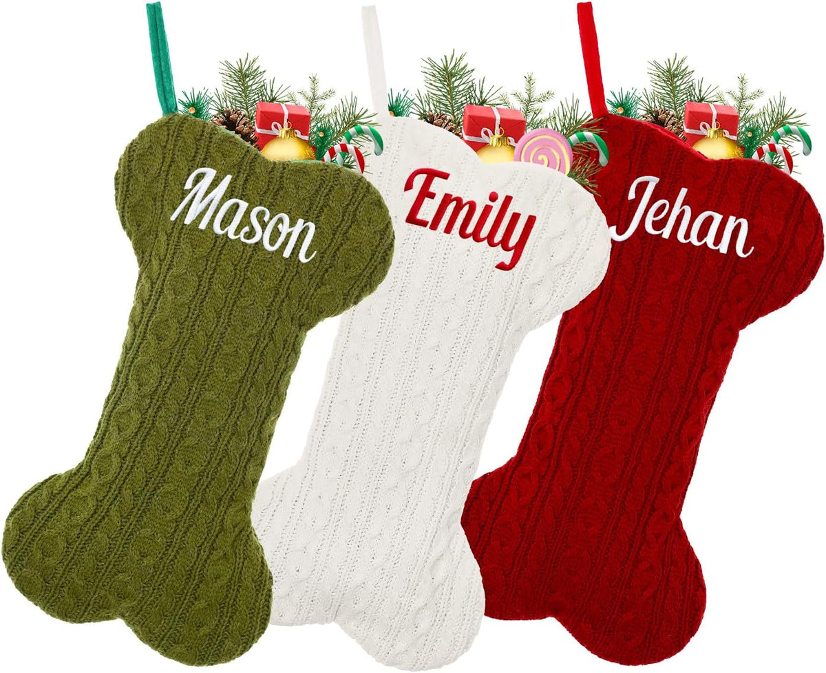 Personalized Pet Christmas Stocking,18 inch Custom Name Knit Christmas Stockings for Dog,Large Bone Xmas Stockings (Set of 1)