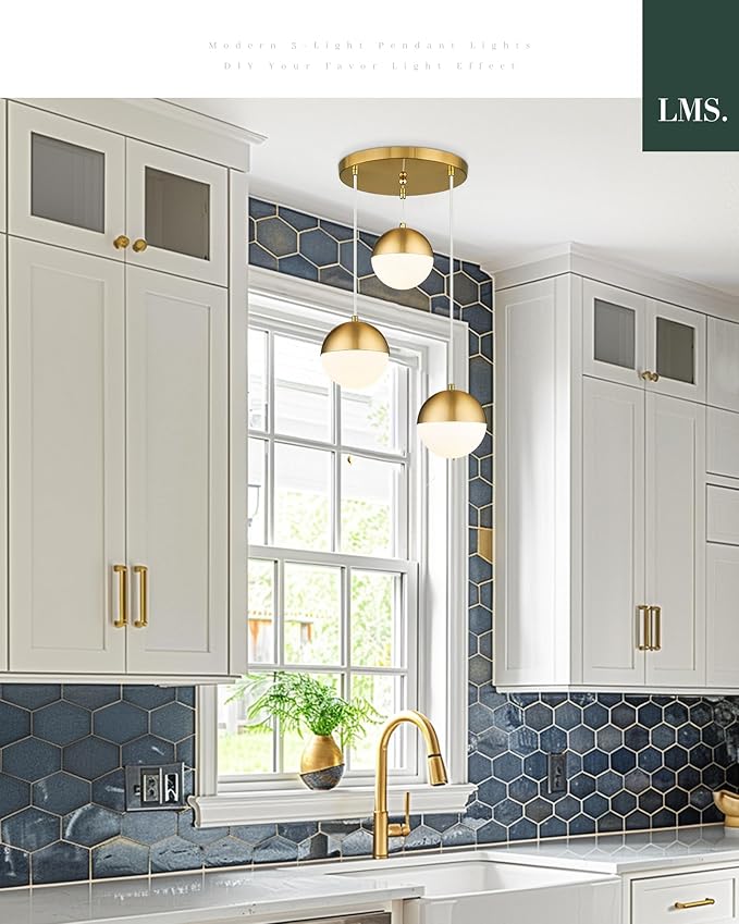 LMS Brushed Gold 3-Light Cluster Pendant Lights, Modern Kitchen Island Lighting with White Globe Glass Shade, Adjustable Hanging Cord Ceiling Light for Bathroom Bedroom Dining Room, LMS-186BG3