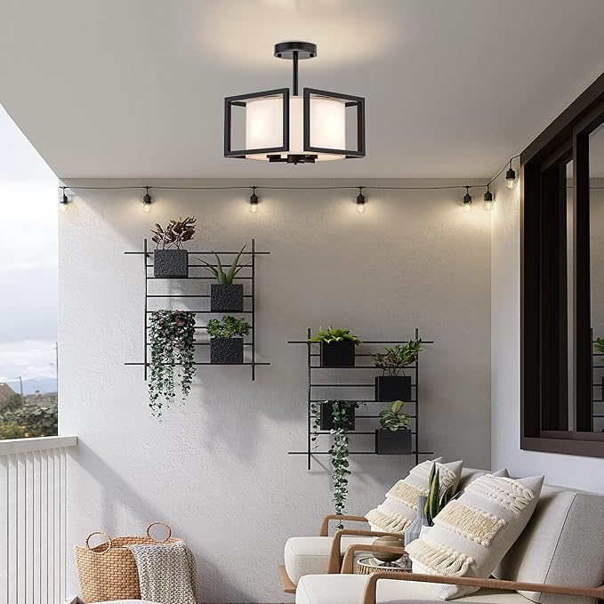 Modern Ceiling Light Fixture - Easric Semi Flush Mount Ceiling Light Industrial Light Fixtures Ceiling Mount with Fabric Shade Black Metal Frame Drum Ceiling Lights for Bedroom,Hallway,Kitchen