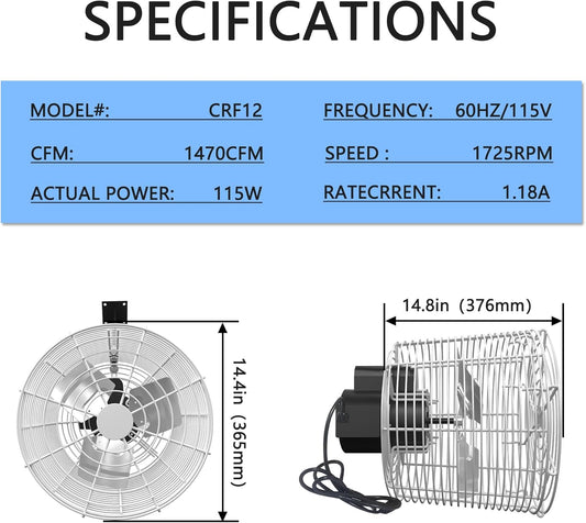 Greenhouse Air Circulation 1/10 HP 115V Ceiling Wall Mount Fan 1470CFM High Speed Circulation Fan for Greenhouse, Warehouse, Patio, Garage