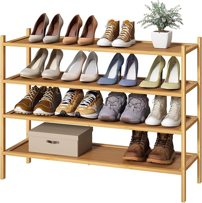 Long Shoe Rack, 4-Tier Bamboo Wood Shoe Rack, Stackable for Closet, Entryway & Hallway