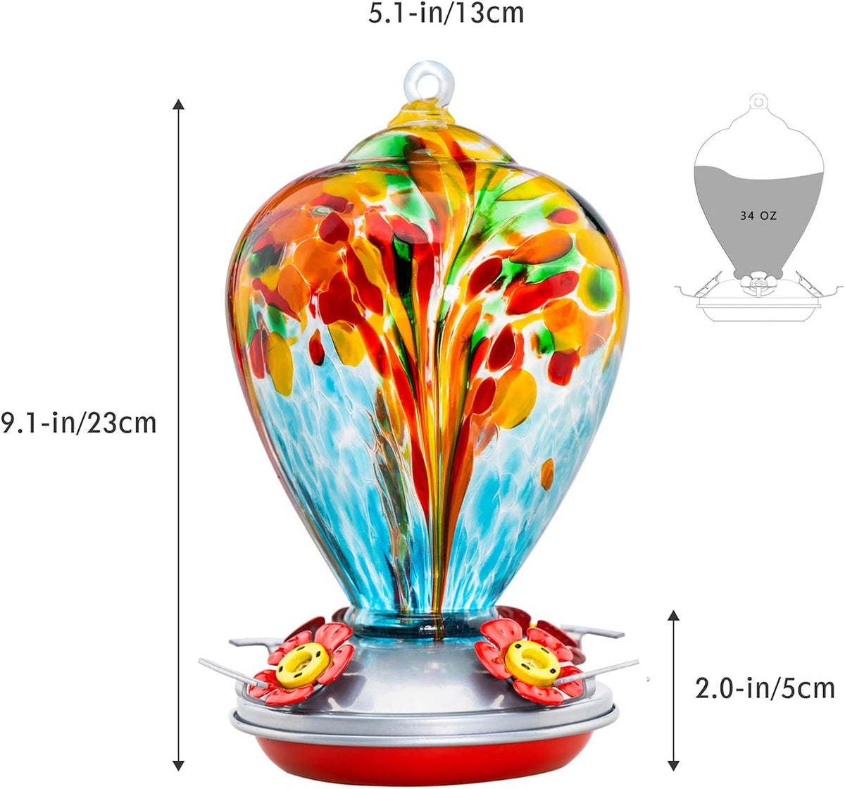 Hummingbird Feeder, 34OZ Hand Blown Glass Hummingbird Feeders for Outdoors Hanging, 4 Feeding Perch with Ant Moat Leakproof, Garden Yard Decor Gifts for Women Mom (Holiday Balloon)
