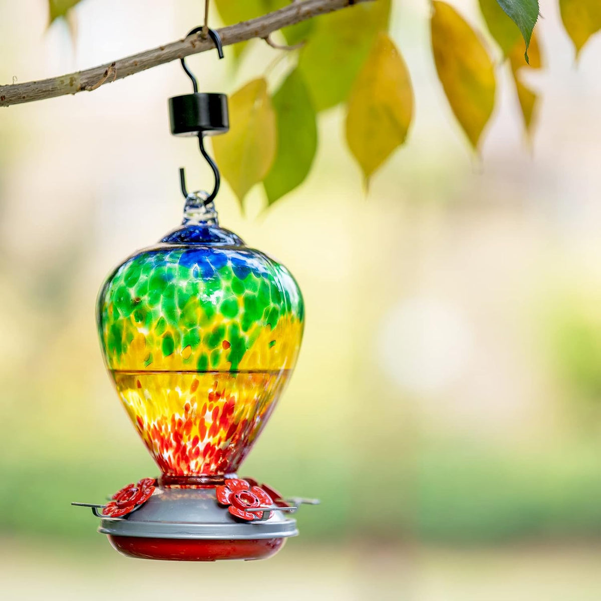 Hummingbird Feeders, 34OZ Hand Blown Glass Hummingbird Feeder for Outdoors Hanging with Ant MoatHooks, Perfect for Gardening Yard Patio Decor Gifts (Rainbow)