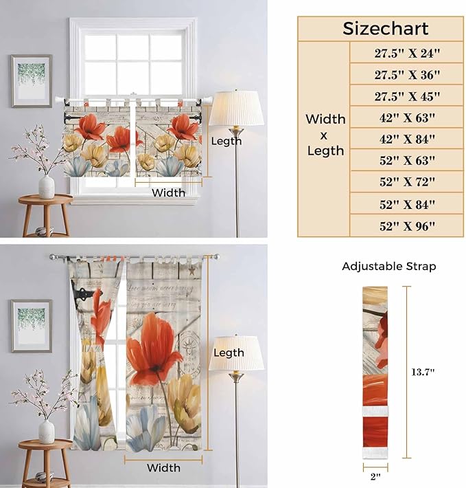 Retro Floral Living Room Curtains 96 Inch Length, Window Curtains Tab Top, Red Yellow Tulips Barm Doors Farmhouse Wooden Light Filtering Window Treatments Drapes 52"x96" 2 Panel