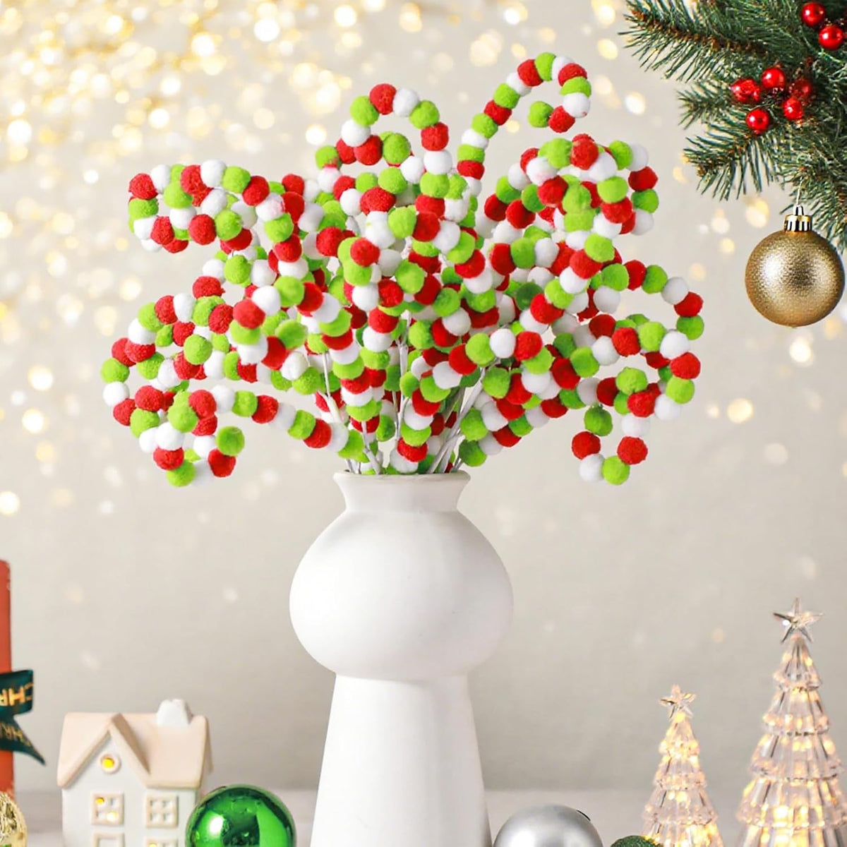 Gejoy 12 Pcs Christmas Tree Picks and Sprays White Red Green Christmas Picks 12'' Candy Cane Lime Green Pompom Peppermint Tree Topper Elf Ornament for Xmas Wreath Vase Filler Branches Decoration